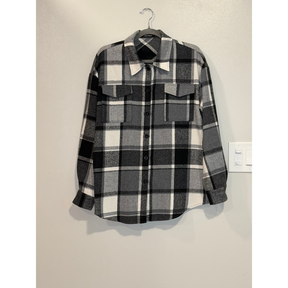 Automet Womens Plaid Shacket Flannel Shirt Black White Grey Size S